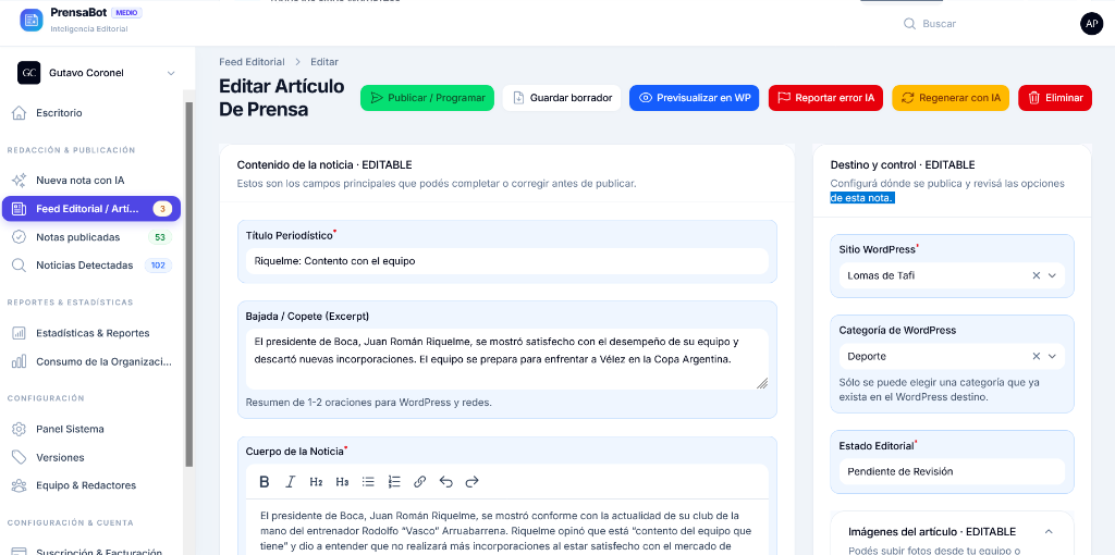 Captura Simulador WordPress PrensaBot